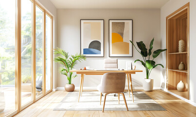 Naklejka premium Home Office: cozy places for distance working style, boost productivity and efficiency. Work from home in comfortable virtual office. Freelancer study room, neat, clean, minimal, modern, flexible.