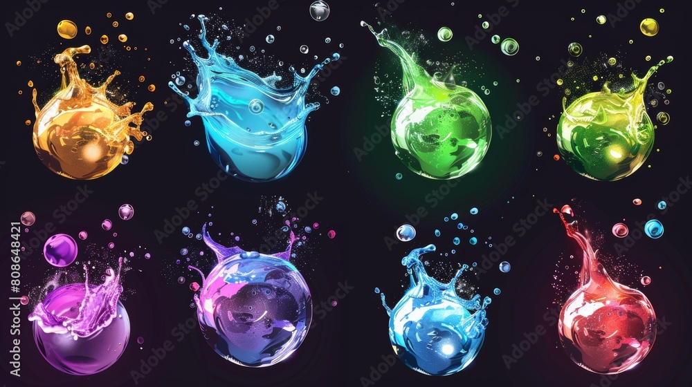 Poster animated soap bubble burst sprites for games and animations. realistic water sphere explosions with 
