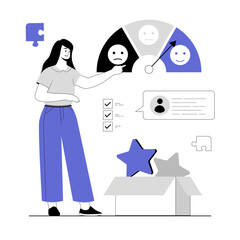 Customer satisfaction, review, feedback. Woman chooses a good smile for her reaction, leaves a good comment. Vector illustration with line people for web design.