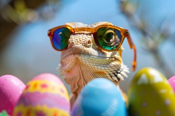 Hyper Agama Lizard Wearing Sunglasses on Colorful Easter Eggs