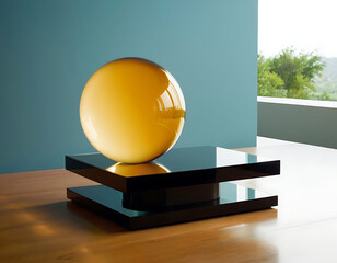 Platform made of glass, for product display with yellow glass ball.