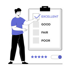 Feedback concept. Man fills out questionnaire form and gives excellent mark. Customer satisfaction ranking. Vector illustration with line people for web design.