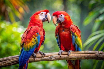 The rainforest. Two large red macaws are sitting on a branch on a blurred tropical background.