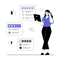 Customer review, satisfaction, feedback. Woman analyze customer comments with different experience. Vector illustration with line people for web design.