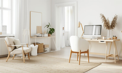 Home Office: cozy places for distance working style, boost productivity and efficiency. Work from home in comfortable virtual office. Freelancer study room, neat, clean, minimal, modern, flexible.