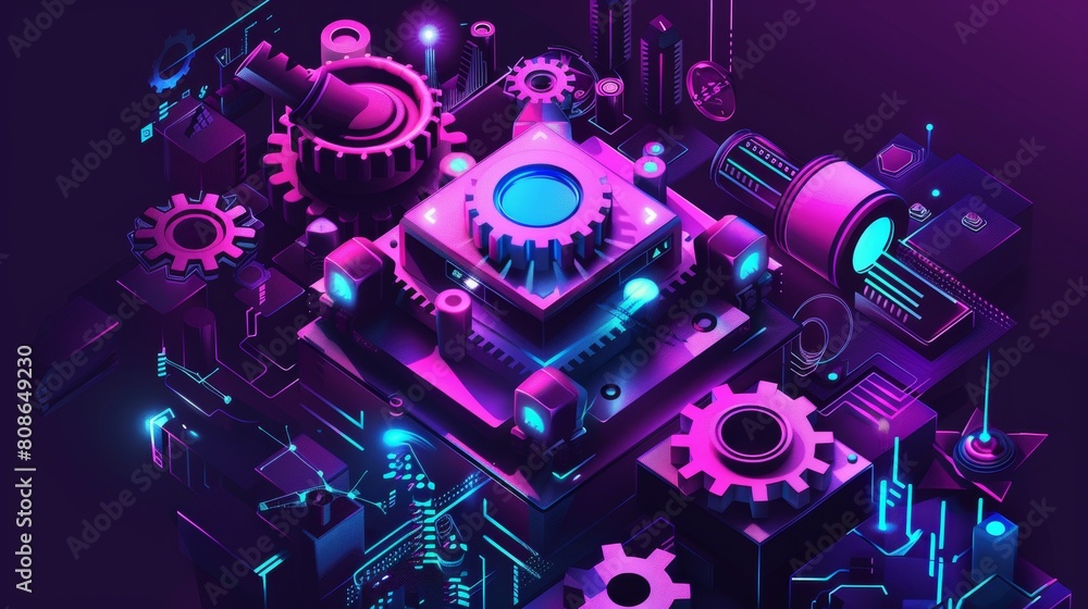 Poster a search engine optimization isometric landing page. a desktop computer device with gears and analys