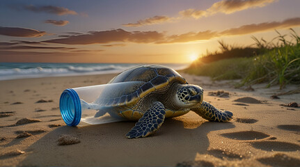 Sea turtle hatchling entering the water from a South Florida beach.be clean beach. Generative. Ai
