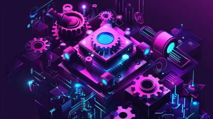 A search engine optimization isometric landing page. A desktop computer device with gears and analysis charts, a 3D banner for an online store.