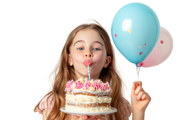 Birhday girl celebrating, holding air balloon and cake, blowing whistle, isolated on isolated transparent background