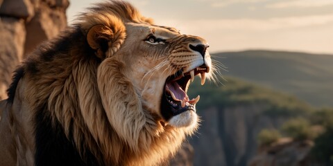Angry lion roar in the sunset