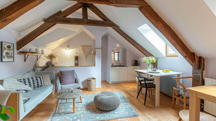 Attic apartment with slanted lavender ceilings, wooden beams, and contemporary decor.
