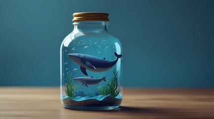 World oceans day concept card design, the blue whale in a bottle of water. protect animals and the environment, paper illustration, and 3d paper with copy space created with. Generative Ai.
