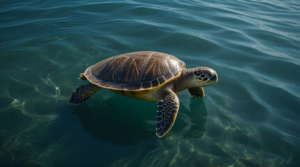 Vertical closeup view of a green sea turtle swimming under the ocean. Generative .Ai
