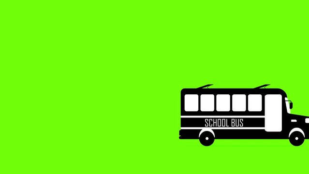 Black school bus icon loop 2d animation video, silhouette bus on green screen background