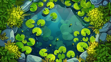 The top of a swamp or lake with nenuphars and water lilies. Natural background with a deep marsh and lotus leaves, wild pond covered in duckweed and green waterlily plants. Cartoon modern - obrazy, fototapety, plakaty
