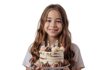 Birhday girl celebrating, holding air balloon and cake, blowing whistle, isolated on isolated transparent background
