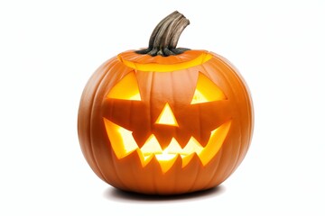 A brightly lit carved pumpkin with a spooky face, perfect for Halloween-themed graphics and decorations