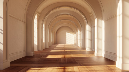 Realistic vector illustration of an elegant 3D gallery with a dark wooden floor and bright sunlight.