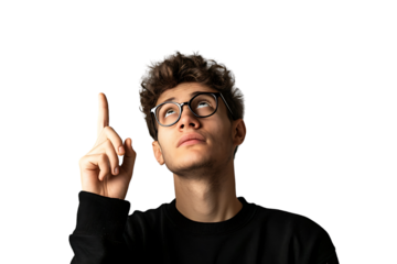 European man in total black wearing eyeglasses, pointing upwards with finger on isolated transparent background