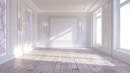 Luxury living space, satin white walls, lavender marble, modern lights