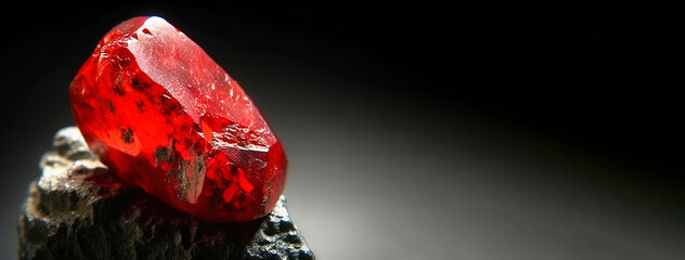 Realgar is a rare precious natural stone on a black background. AI generated. Header banner mockup with space.