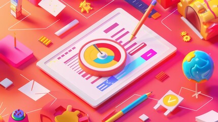 A banner with SEO keyword analysis. Research and analytics of search engine optimization for content. Modern landing pages with isometric graphs and target text.