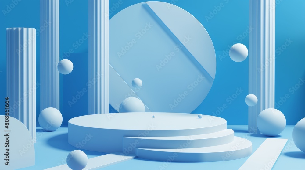 Poster An abstract geometric background with a round podium with a set of 3D circles, spheres and squares. This poster template has an empty pedestal for displaying products.