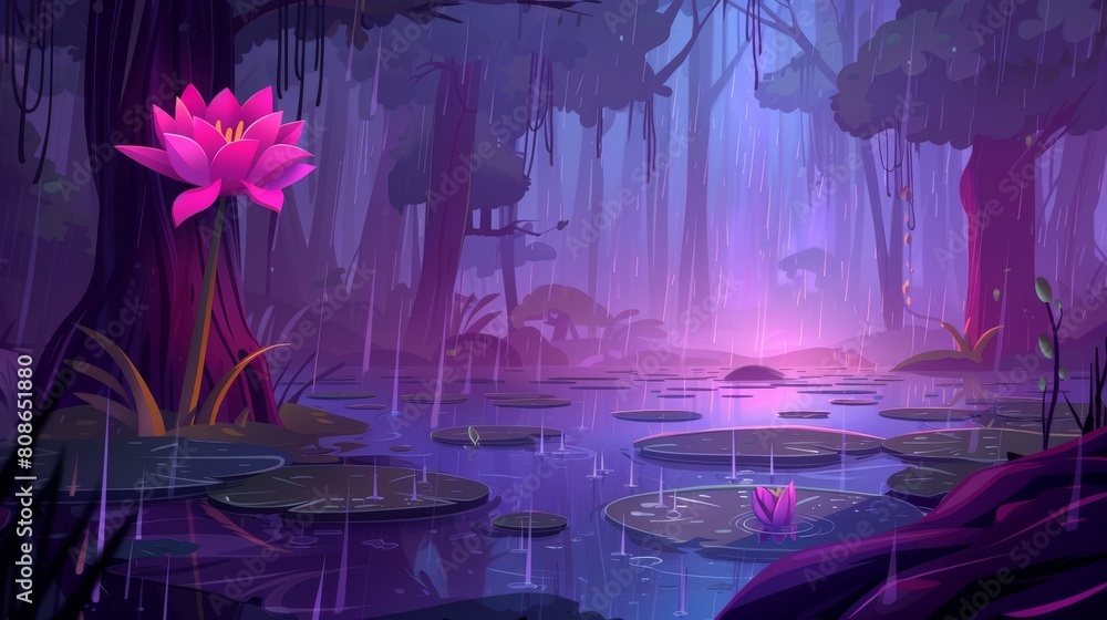 Poster in the forest with a swamp or lake and a water lily floating on top. forest landscape with marsh in 