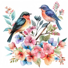 Springtime Soiree Watercolor Birds Clipart featuring birds amidst blooming flowers and fresh foliage, celebrating the arrival of spring