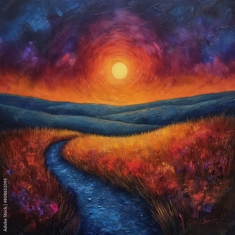 Poster a painting of a sun setting over a field with a river running through it