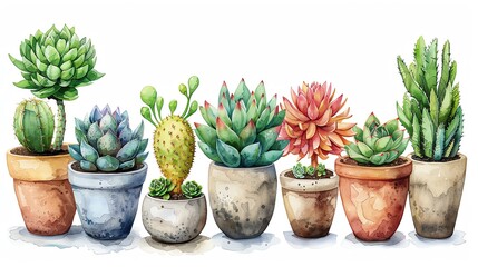 Vibrant watercolor clipart of succulent plants in various pots, water color ,clipart 