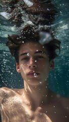 Young Man Underwater with Bubbles