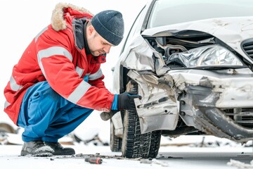 Professional car repair specialist - master auto collision repair on white background