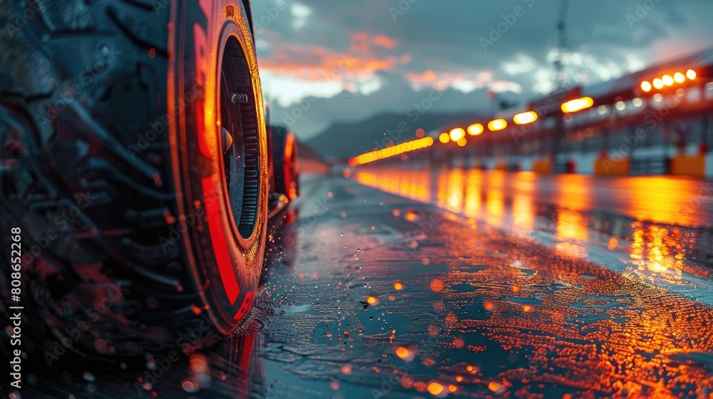 Wall mural Close up of an race car tire on the track, with a race track background featuring a beautiful sunset light.