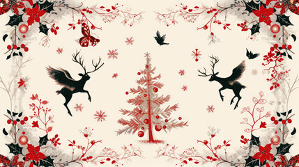 Traditional Corporate Holiday cards with Christmas tree, reindeers, birds, ornate floral frames, background and copy space Universal artistic templates