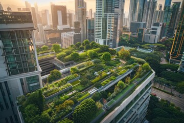 A bustling cityscape featuring green spaces integrated throughout the urban environment, including rooftop gardens, vertical gardens on buildings, and parks scattered around the city.
