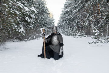 Full-length portrait of a medieval fantasy warrior in a horned helmet, steel breastplate, chain...