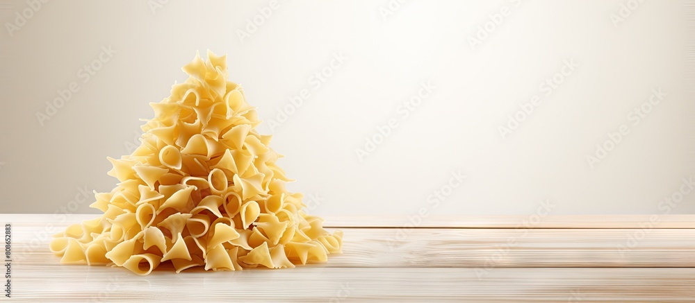Poster uncooked pasta arranged in the shape of a pine tree on a white wooden table creating a copy space im