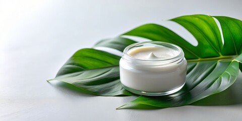 Jar of body cream and green leaf on white table, closeup. AI generated
