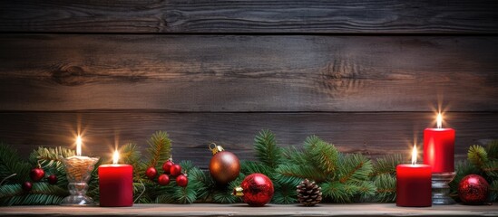 New Year s concept portrayed with Christmas decorations lit candles and a spruce tree on a rustic...
