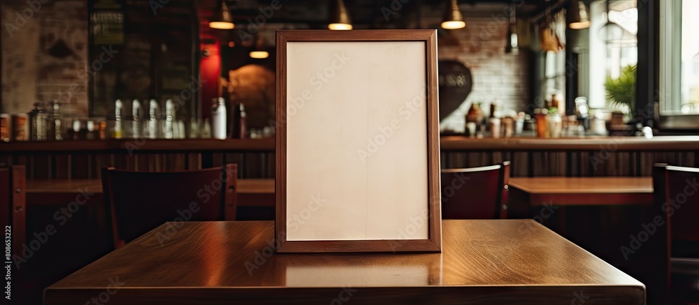 Poster in the bar restaurant cafe there is a wooden table with a menu frame placed on it creating a copy sp
