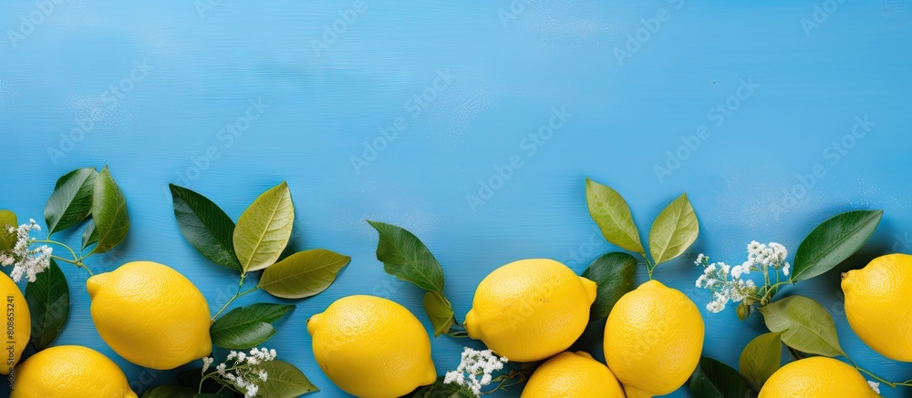 Poster a top view of ripe lemons with leaves arranged in a flat lay on a blue background ample copy space i