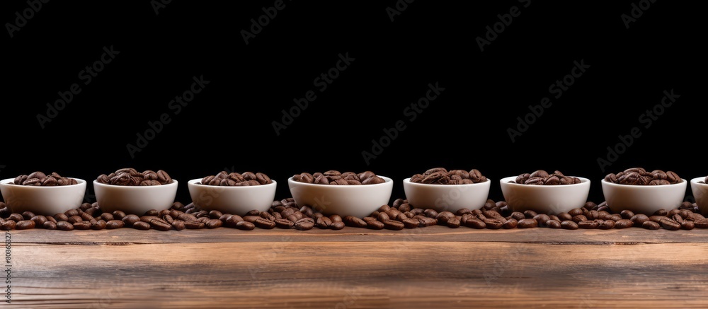 Poster coffee beans arranged on a wooden background with saucers creating a visually appealing copy space i