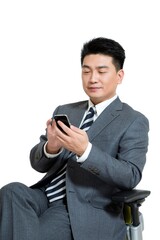 Shed on middle-aged business men sit office chair use their mobile phones