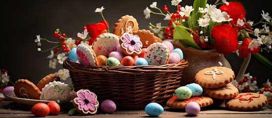 An Easter greeting card featuring a basket filled with colorful Easter eggs and delicious glazed cookies with room for additional content