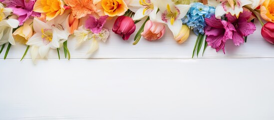 Top view of fresh flowers Gypsy bells bouquet against white wooden background Copy space image