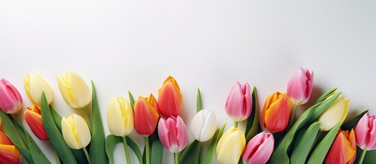 A white background hosts a lovely bouquet of fresh tulips with plenty of space available for text. Copy space image. Place for adding text and design