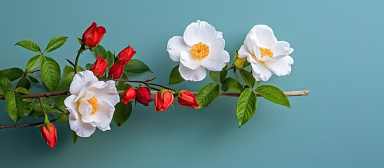 A white garden rose with budding flowers and green leaves nestled among rose hips and white paper is secured by a red envelope with a wooden clothespin set against a blue background with copy space i