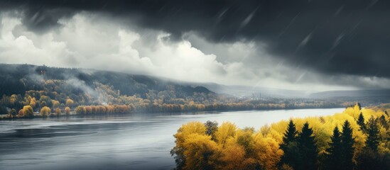 On a gloomy autumn day heavy clouds hang in the sky providing a dramatic backdrop to the panoramic views of the river adorned with floating yellow leaves Copy space image