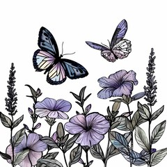 A butterfly, a pollinator insect, flutters over purple flowers in a field